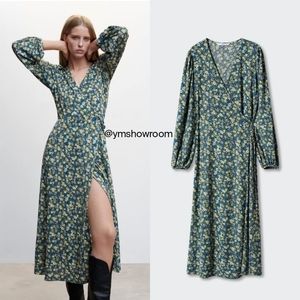 Mango Green Floral Wrap Midi Dress